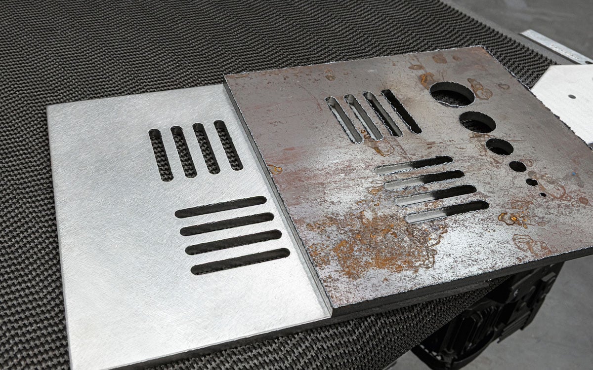 Fiber laser cut parts before and after deburring and edge rounding