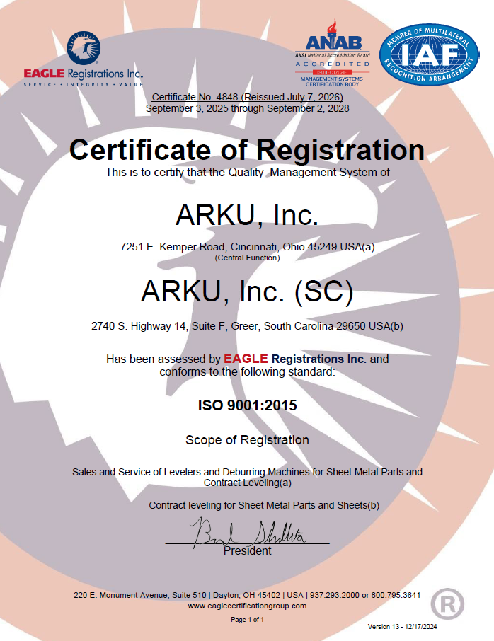 ARKU Inc. ISO 9001 Certificate for Ohio and South Carolina